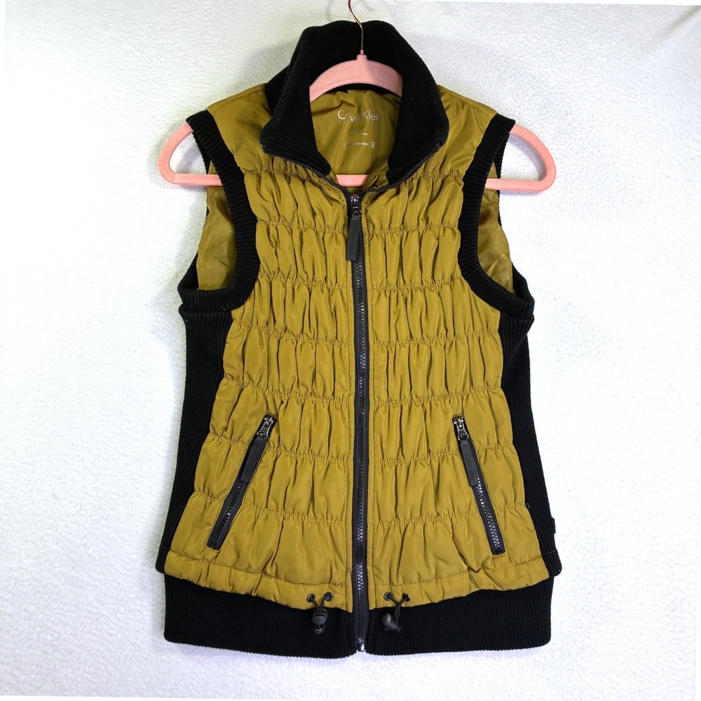 Calvin Klein Performance Puffer Vest Mustard Yellow Black Ruched Med 3357